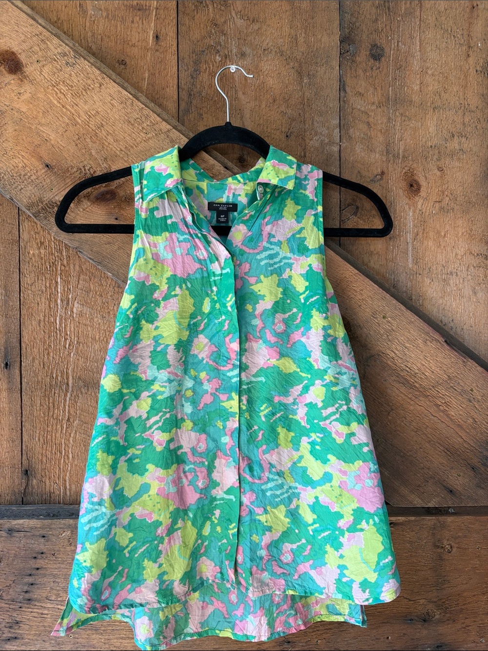 Ann Taylor Sleeveless Silk Cotton Blouse Green Pink Watercolor Abstract 6P
